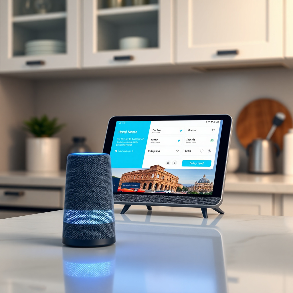 Smart speaker con interfaccia di prenotazione vocale per hotel, simbolo dell'IA agéntica applicata al travel