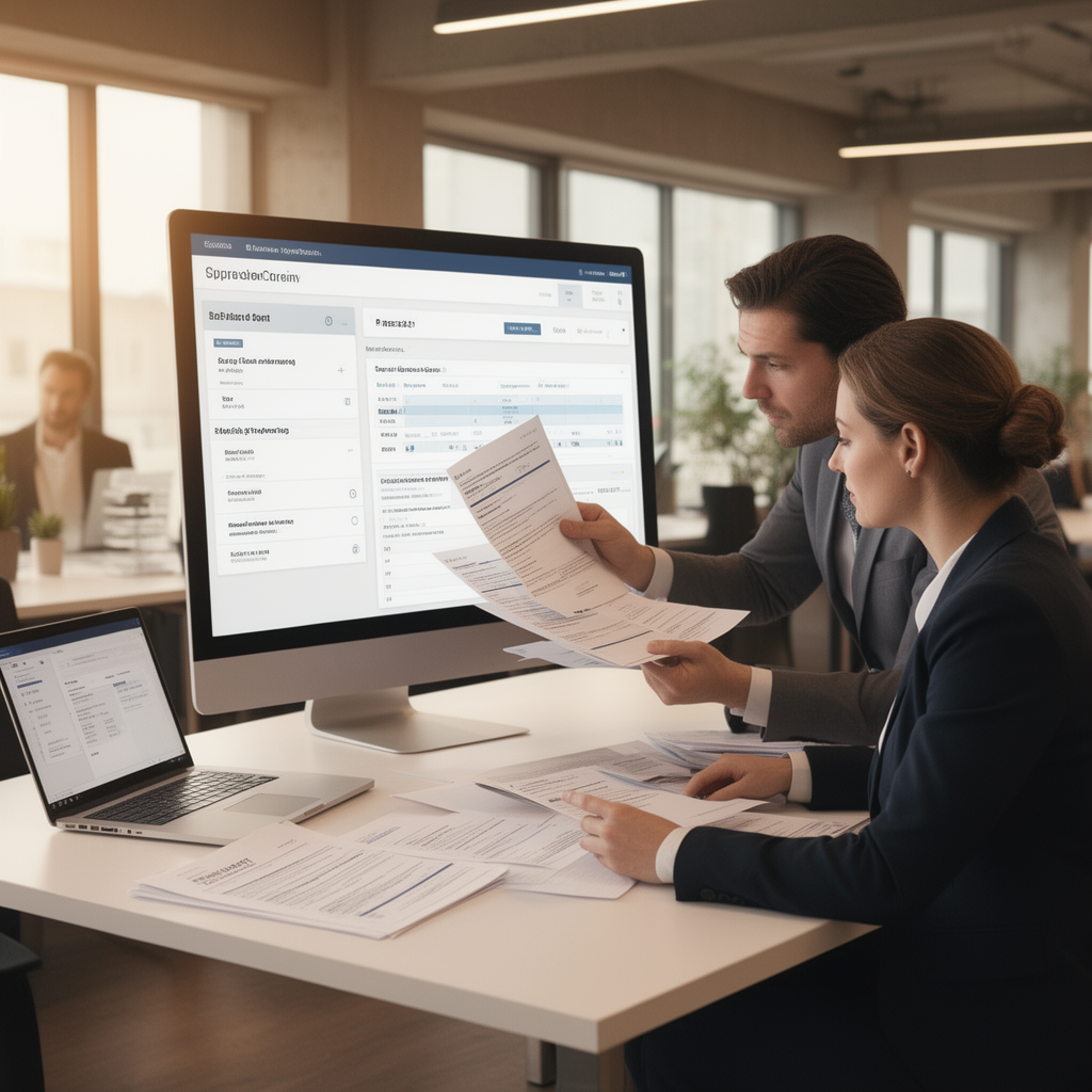Operatori di agenzia di viaggio che analizzano dati di performance fornitori su monitor in un back-office professionale moderno