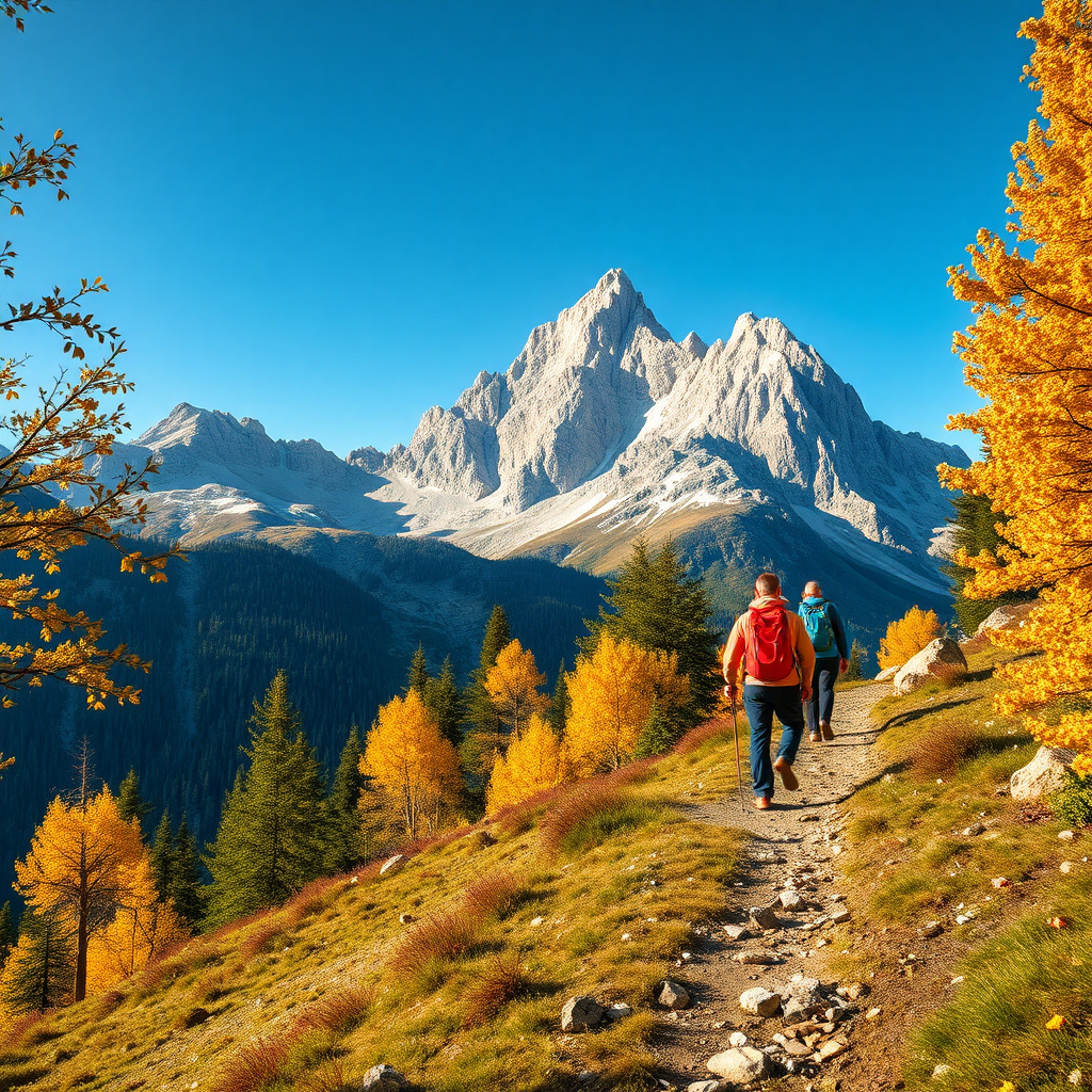 Gruppo di trekker su sentiero alpino nelle Dolomiti in autunno