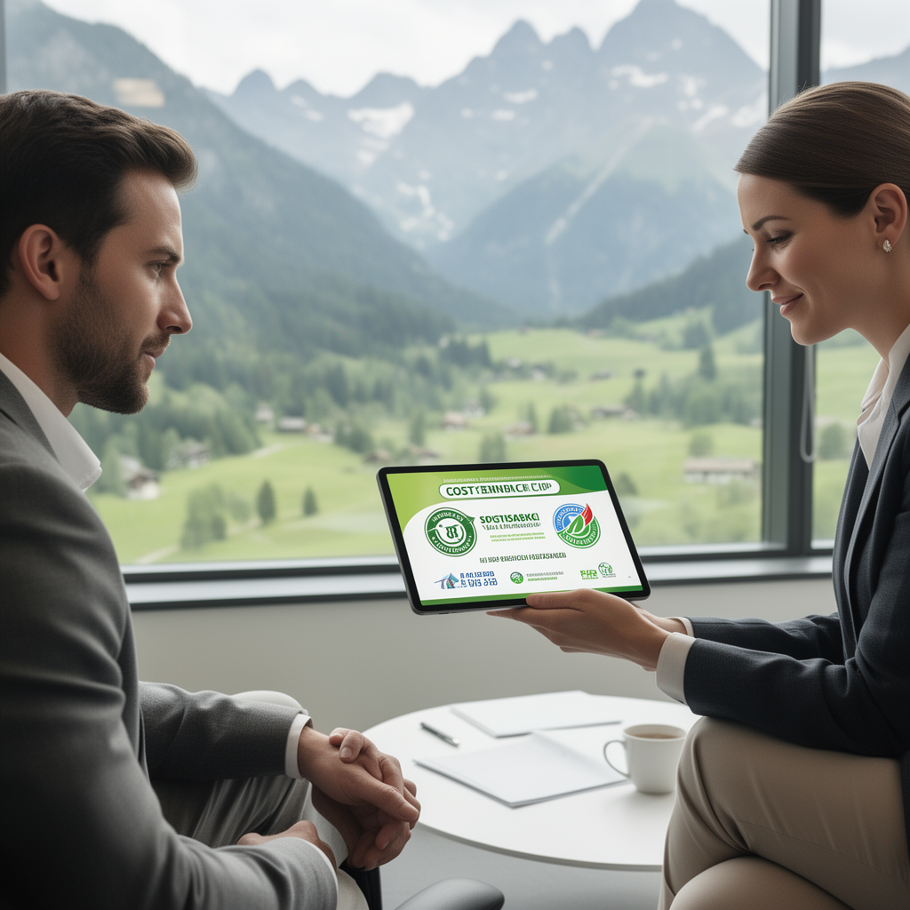 Consulente di agenzia di viaggio mostra certificazioni di sostenibilità turistica su tablet a un cliente