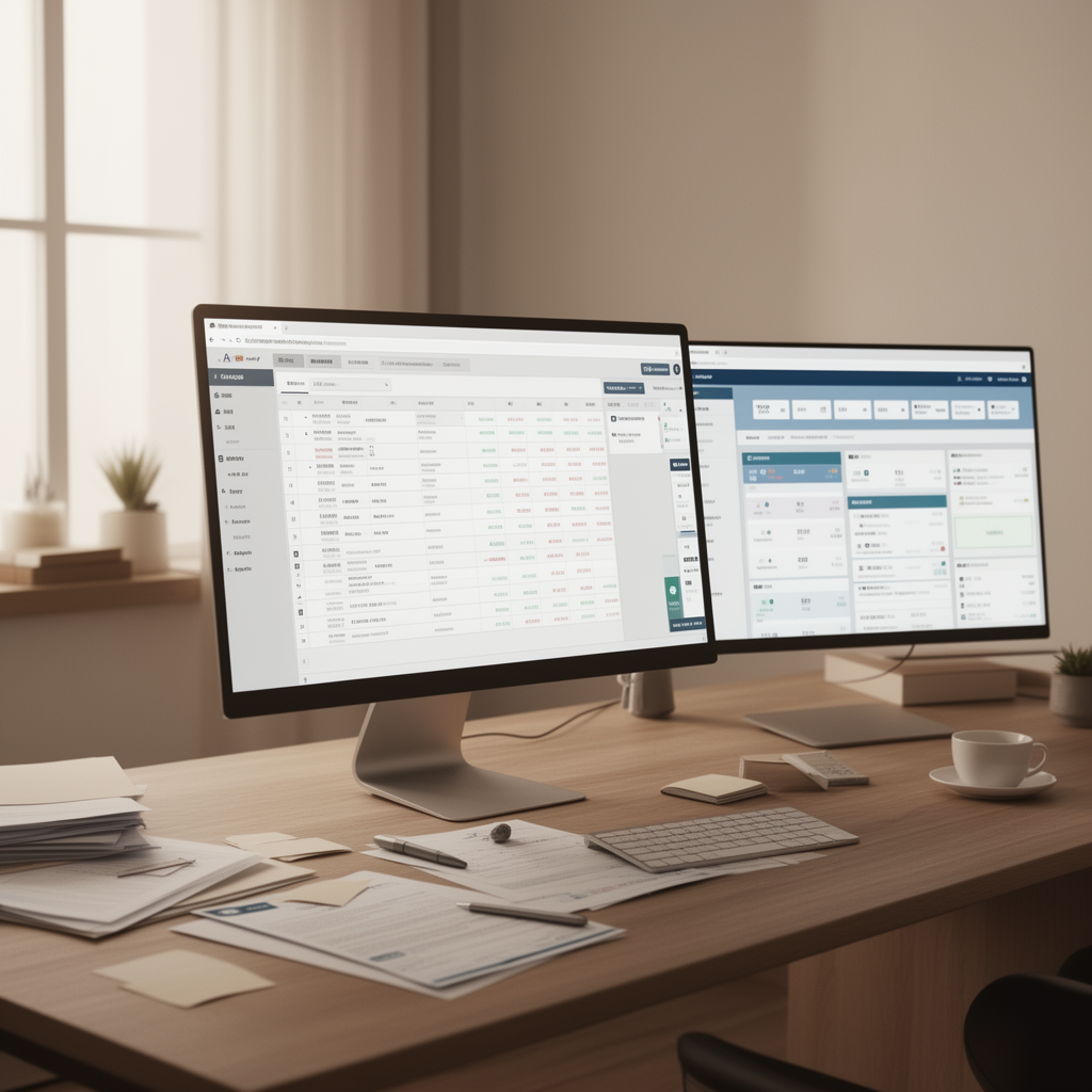 Scrivania di back-office in un'agenzia di viaggio con monitor che mostra dashboard finanziarie e interfacce di prenotazione aerea