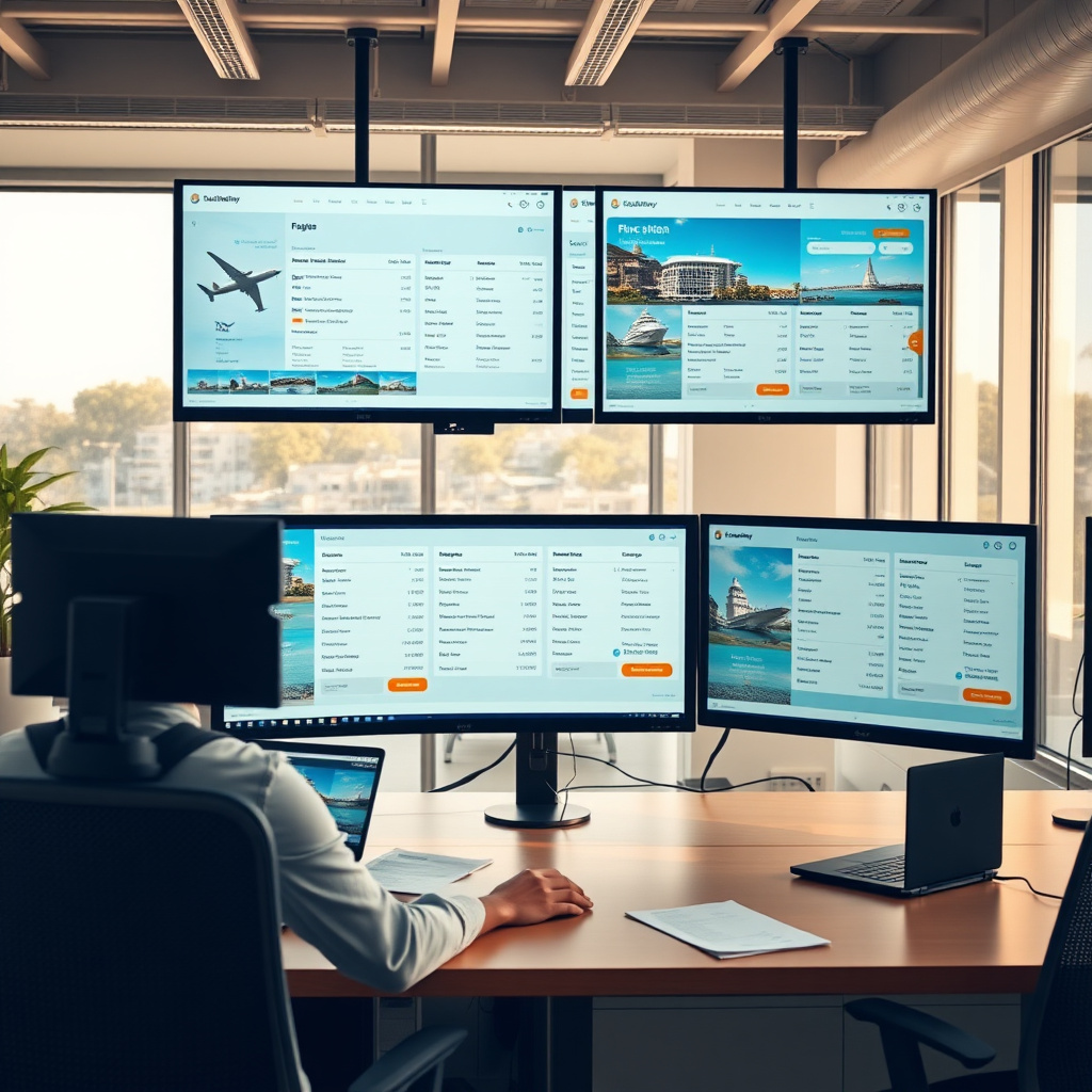 Operatore di agenzia viaggio al lavoro su una pratica multi-servizio con più componenti visualizzati su schermo in un ufficio moderno