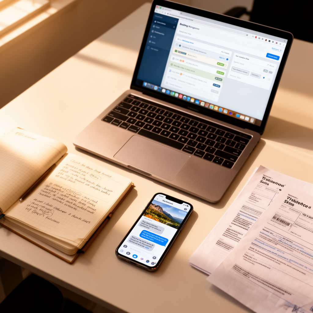 Scrivania di un'agenzia di viaggio con laptop, smartphone e documenti di prenotazione organizzati, vista dall'alto in stile fotografico editoriale
