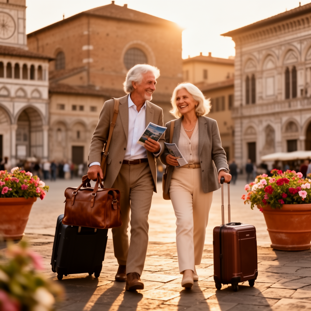 Coppia di viaggiatori senior eleganti passeggia in una piazza storica italiana soleggiata con bagagli in pelle, atmosfera calda e raffinata.