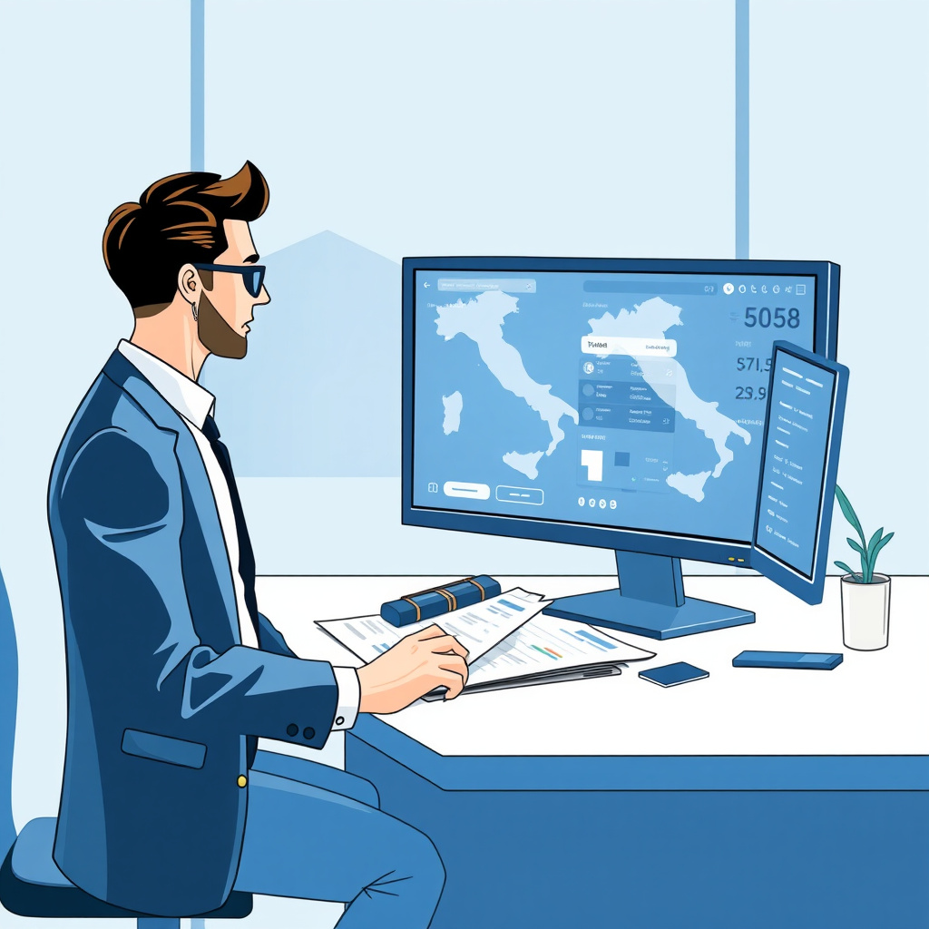 Agente di viaggio che esamina documenti normativi europei con sullo sfondo la bandiera UE e una mappa dell'Italia