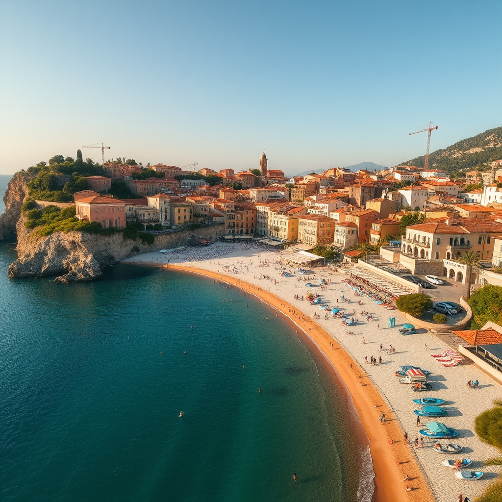 Vista aerea di una località costiera italiana a settembre con flussi turistici di spalla stagionale