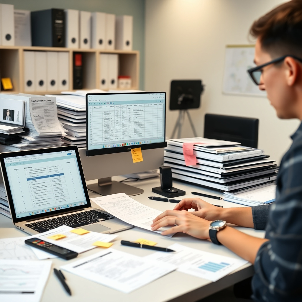 Operatore di agenzia viaggio che gestisce un file gruppo su laptop con documenti e scadenze visibili