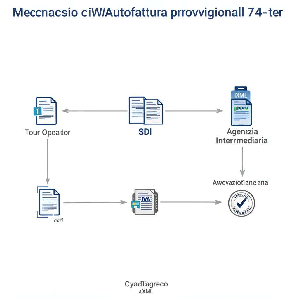Schema del flusso documentale dell'autofattura provvigionale ex art. 74-ter DPR 633/72 tra tour operator, SDI e agenzia intermediaria