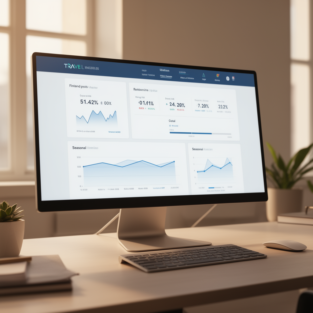 Schermo di un gestionale per agenzie di viaggio con dashboard finanziaria e grafico di proiezione stagionale su scrivania di ufficio professionale