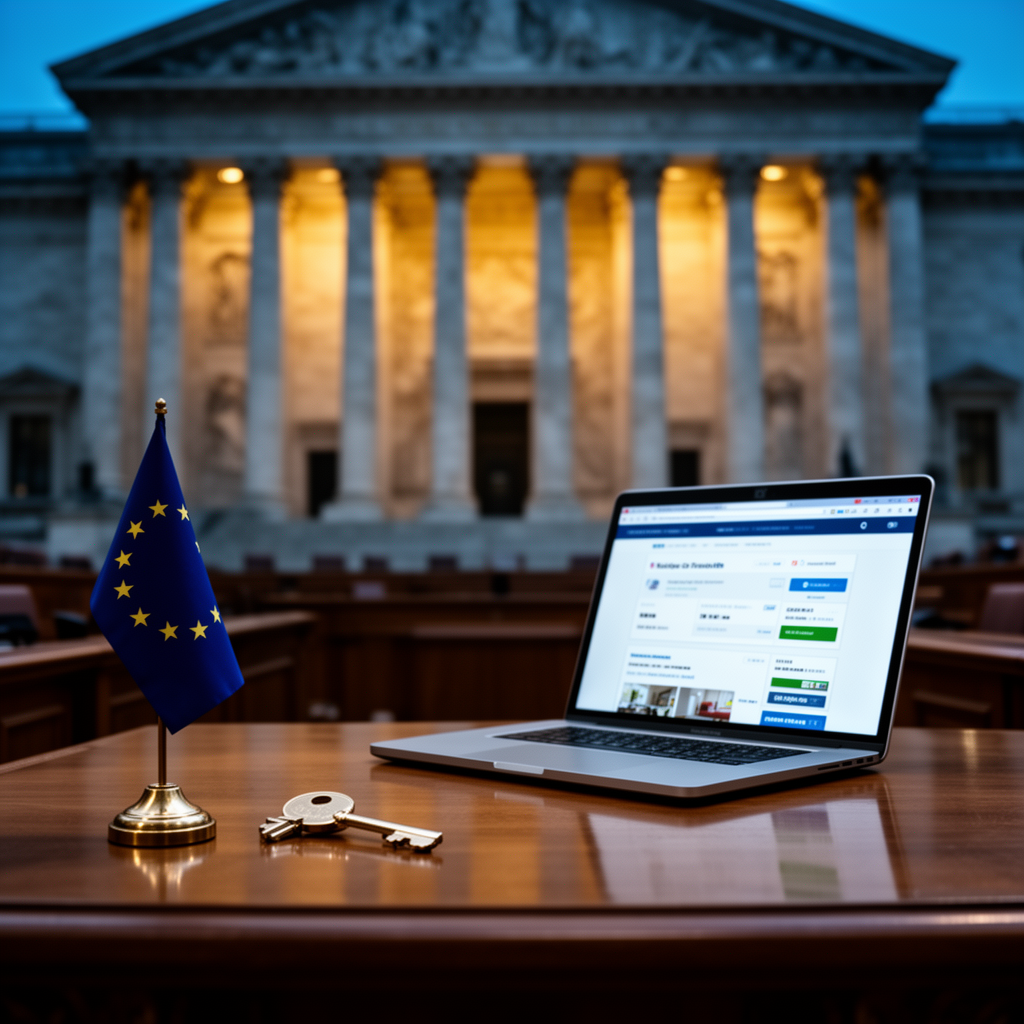 Tribunale europeo con chiave d'hotel e laptop con sito di prenotazione online, simbolo della class action degli albergatori contro Booking.com