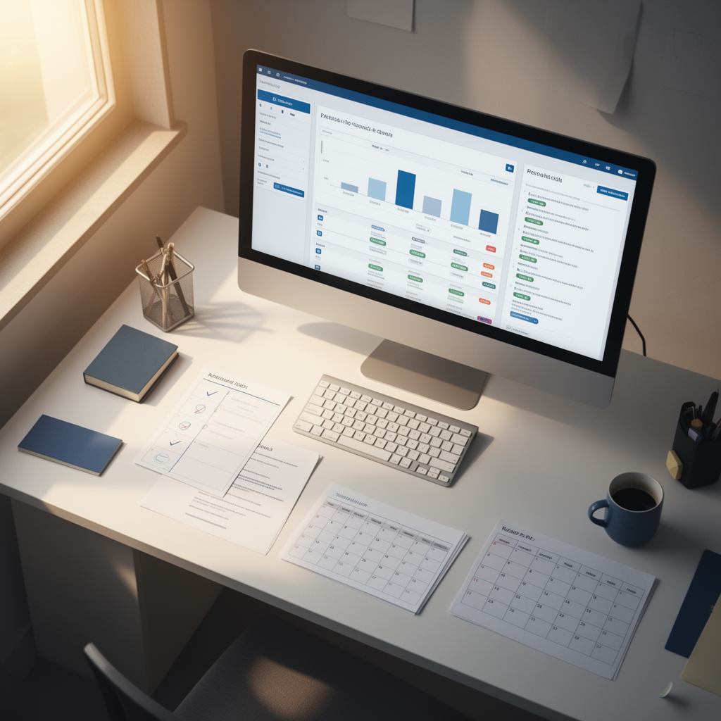 Dashboard di riconciliazione prenotazioni su monitor con checklist operativa e calendario settimanale