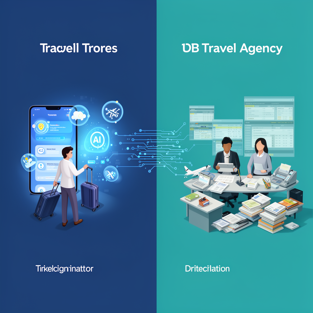 Illustrazione che mostra il contrasto tra l'adozione AI da parte dei viaggiatori e quella delle agenzie di viaggio italiane nel 2026
