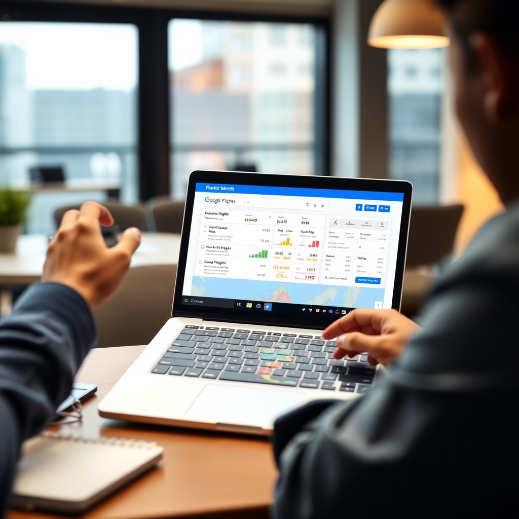 Agente di viaggio che analizza i risultati di Google Flights su un laptop con grafici dei prezzi e mappa delle destinazioni