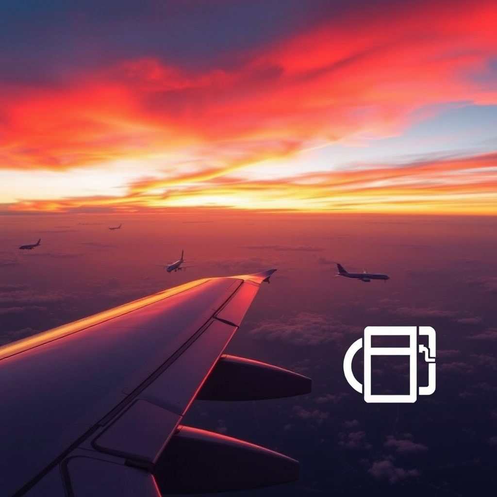 Aereo in decollo al tramonto con grafico ascendente del prezzo del jet fuel in primo piano