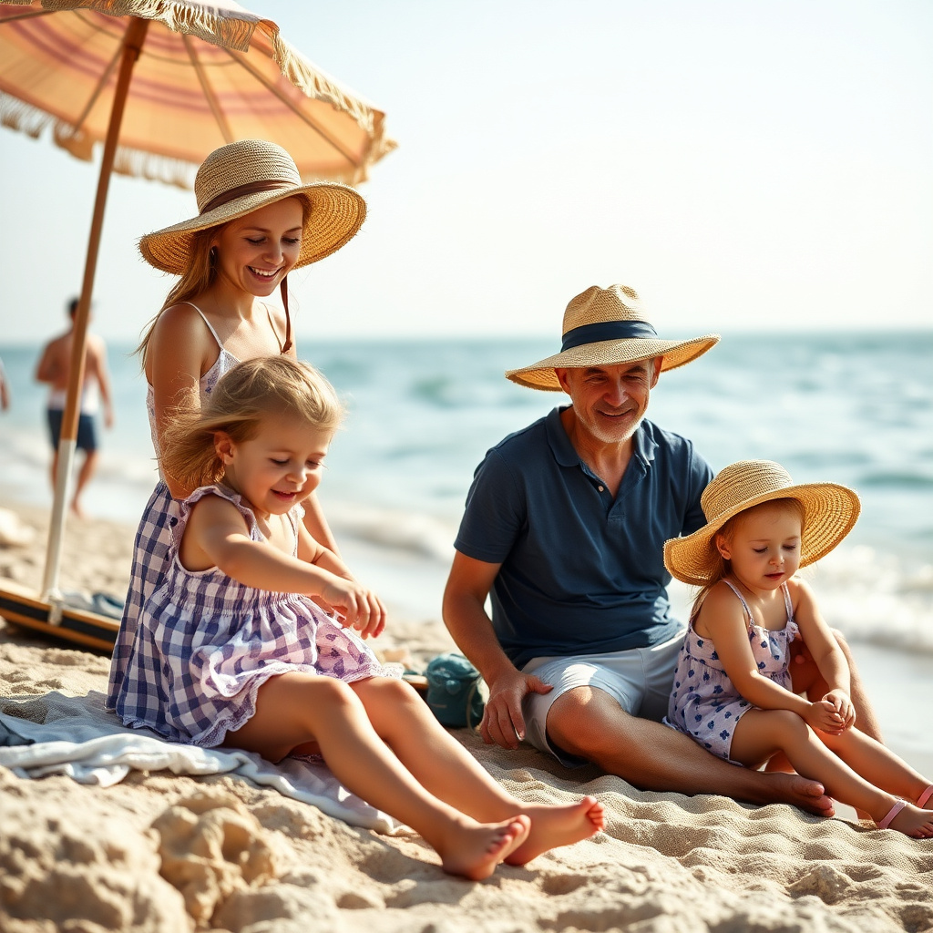 Famiglia in vacanza al mare in Italia con bambini che giocano sulla spiaggia