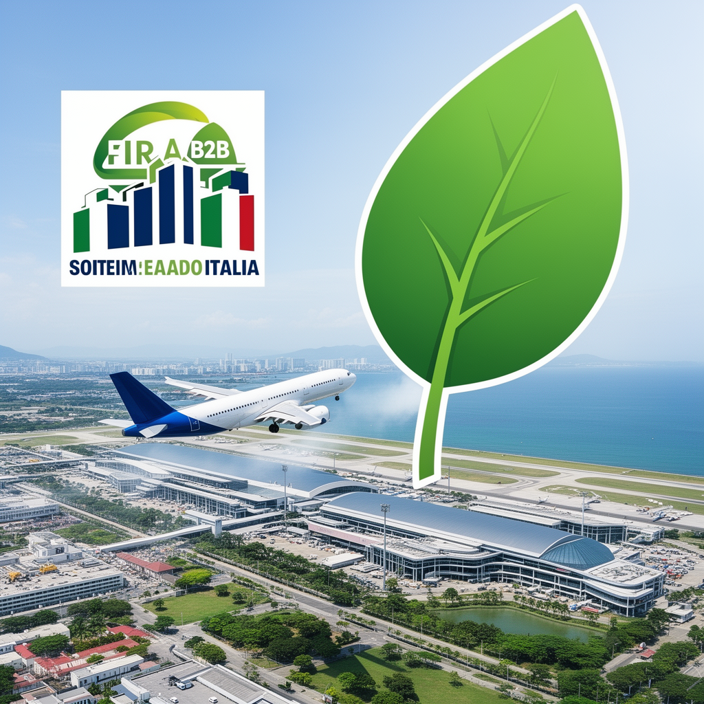 Aereo in decollo da Singapore Changi con simbolo SAF Levy e logo TTG Travel Experience Rimini 2026