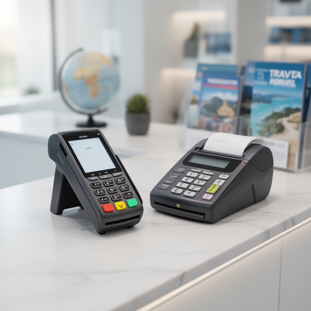 Terminale POS e registratore telematico affiancati sul bancone di un'agenzia di viaggio moderna, con globo e brochure sfocati sullo sfondo.