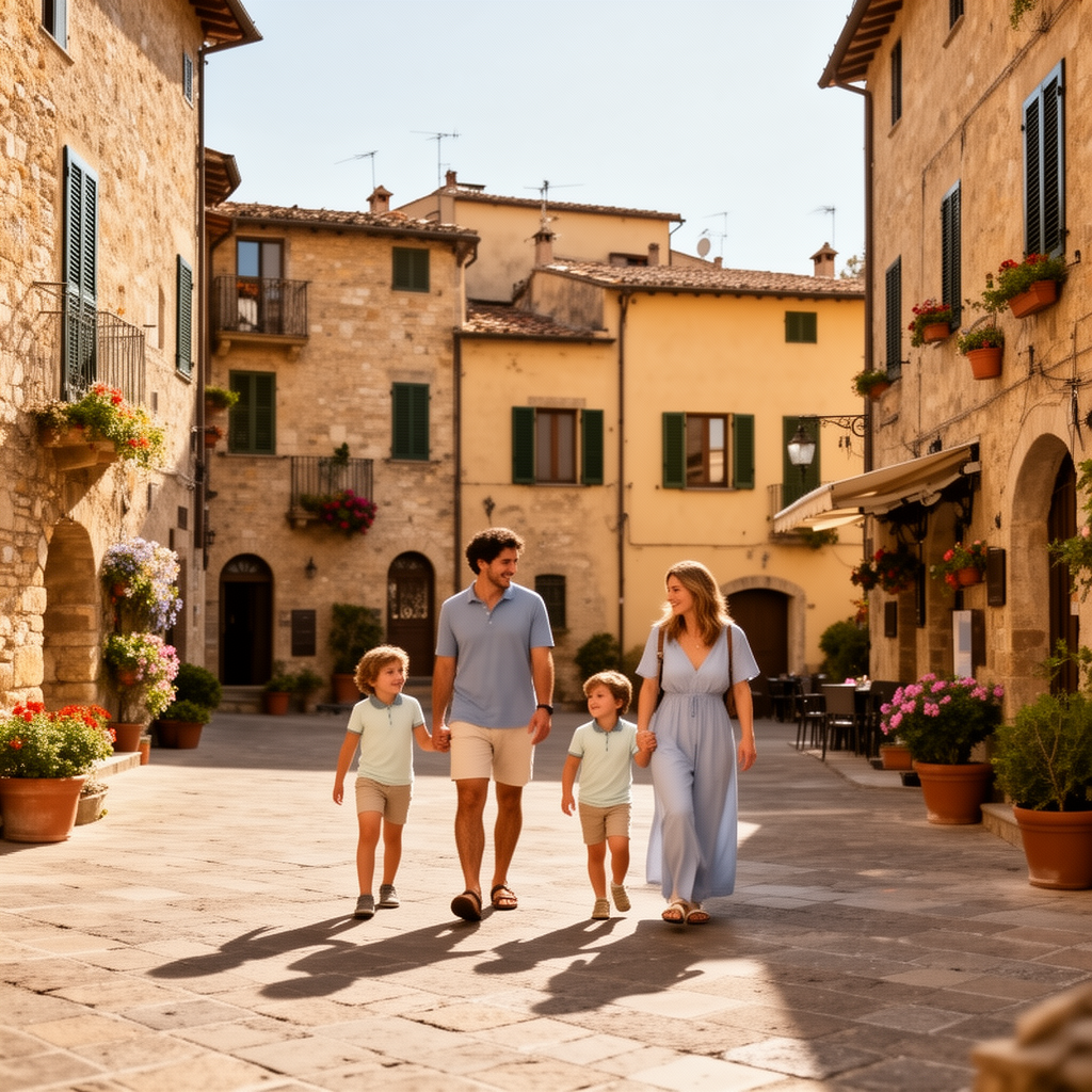 Famiglia italiana in vacanza in un borgo italiano, simbolo del turismo family e wellness nel 2026
