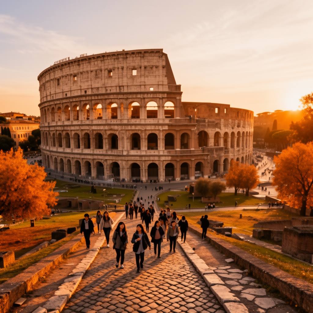 Turisti cinesi in visita al Colosseo di Roma durante la Golden Week autunnale, luce dorata del tramonto